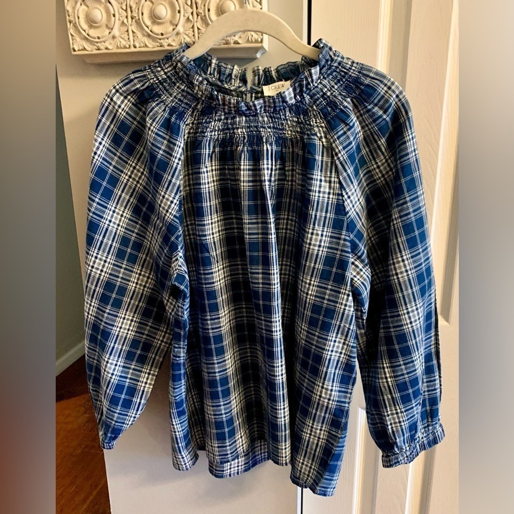 J. Crew Blue and White Blouse with Ruffled Neckline - M
